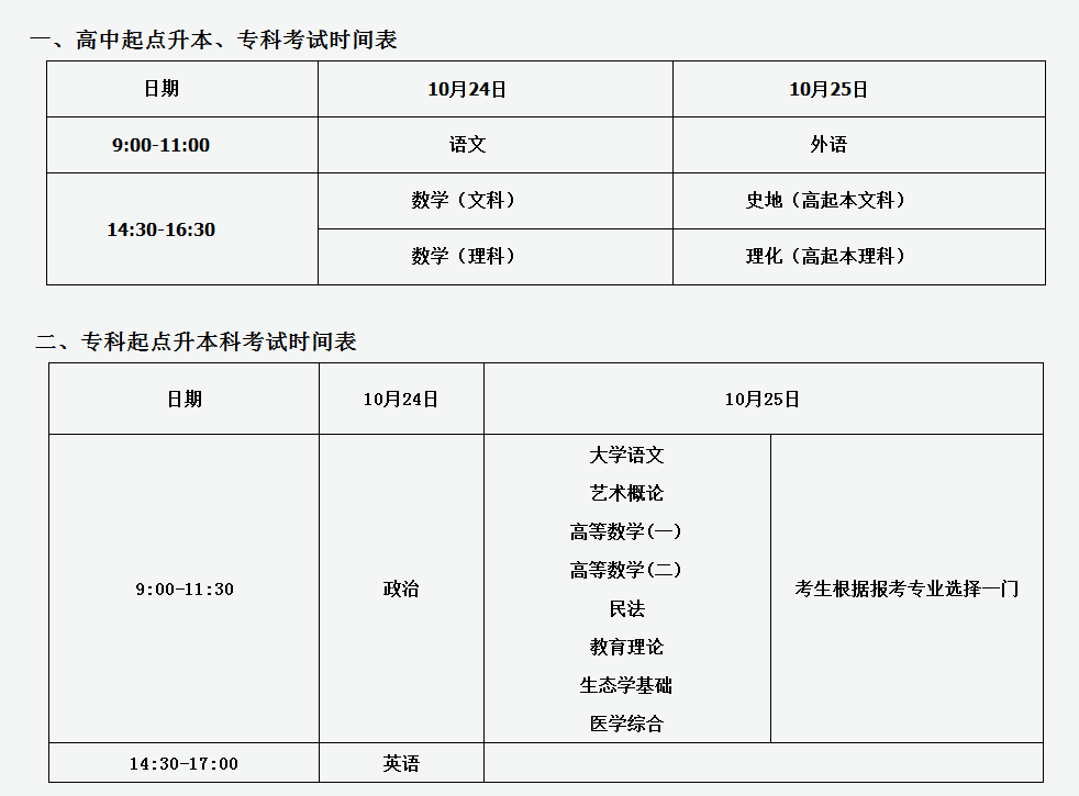 考试时间表